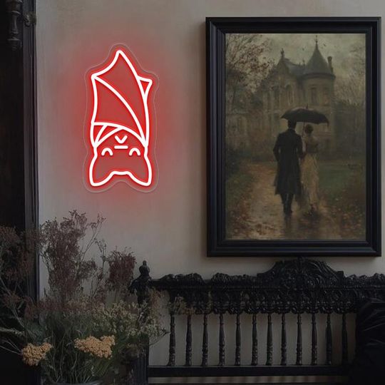 Cute Bat Neon Sign,Bat Sign Halloween Decor,Halloween Window Bat Hanging Sign,Bat Lover Gift,Kids Room Cute Bat Sign,Goth Girl Room Art Sign