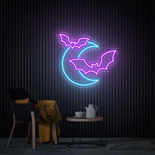 Bat and Moon Neon Sign, Halloween Decor, Halloween Party Favors, Neon Party Sign, Gothic Party Light, Custom Neon Sign Home Bedroom Wall Art