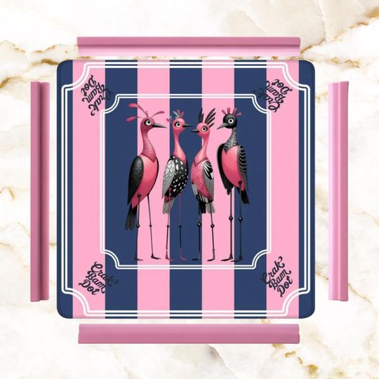 Funny Mahjong Mat, Crak Bam Dot Blue, Pink Striped Preppy Quirky Bird Queens Mahj Game Night Mat