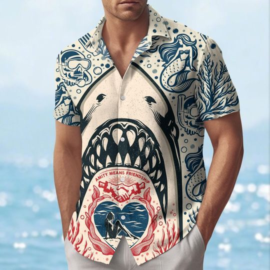 Shark Bite Button Shirt, Ocean Predator Hawaiian Shirt, Jaws Shark Inspired Aloha Shirt