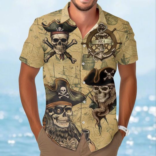 Skull Pirate Button-Up Hawaiian Shirt, Gothic Pirate Flag, Dark Fantasy Pirate Shirt