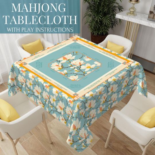 Magnolia Blue Mahjong Tablecloth with Rules - Mahjong Tablecloth with Directions - Mahjong Tablecloth for Beginners - Mahjong Gifts