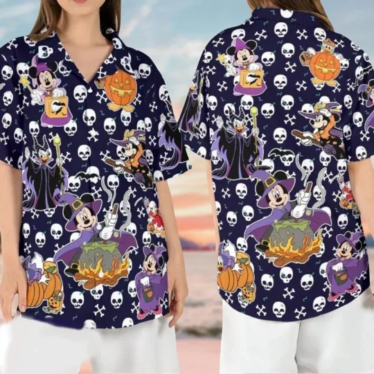Minnie Daisy Duck Cosplay Witch Maleficent Halloween Party Hawaiian Shirt