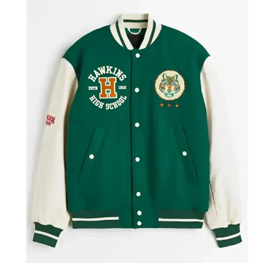 Letterman Stranger Things Hawskin Stadium Green and White Varsity Jacket