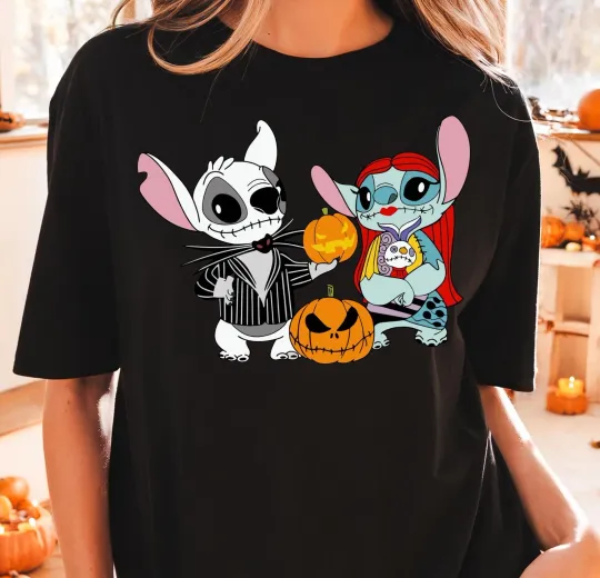 Halloween Stitch & Angel Cosplay Jack and Sally Couple T-Shirt for Men and Women