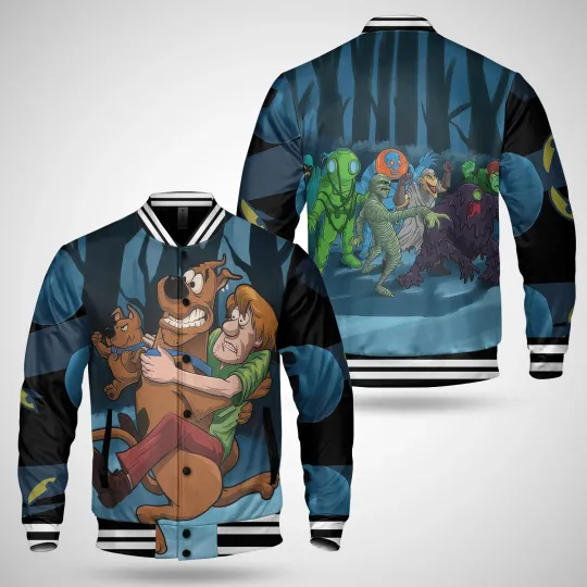 Panic Scooby Doo and Shaggy Mystery Horror Themed Baseball Jacket