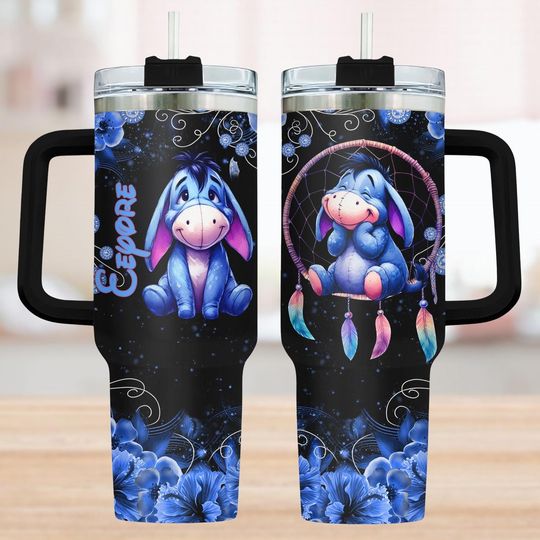 Eeyore 40Oz Tumbler, Cute Blue Donkey Stainless Tumbler, Dreamcatcher Floral Cup