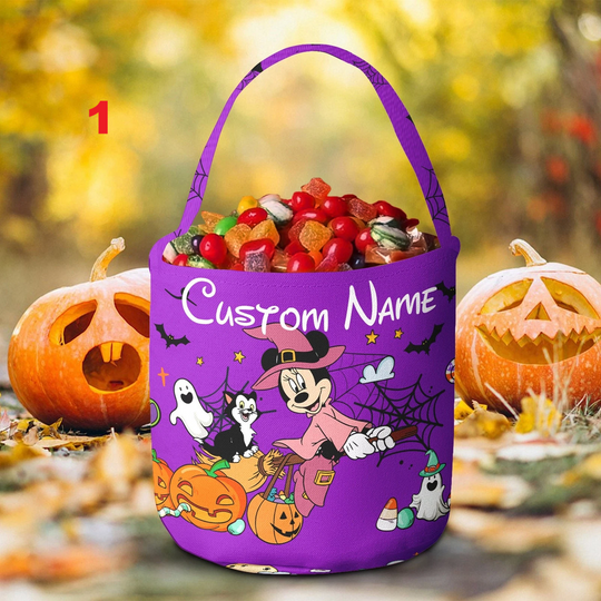 Personalized Minnie & Tigger Riding A Broom Happy Halloween Fabric Candy Basket