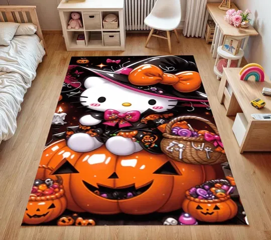 Halloween Hello Kitty Rug, Cute Witch Pumpkin Rug, Gift Rug for Halloween