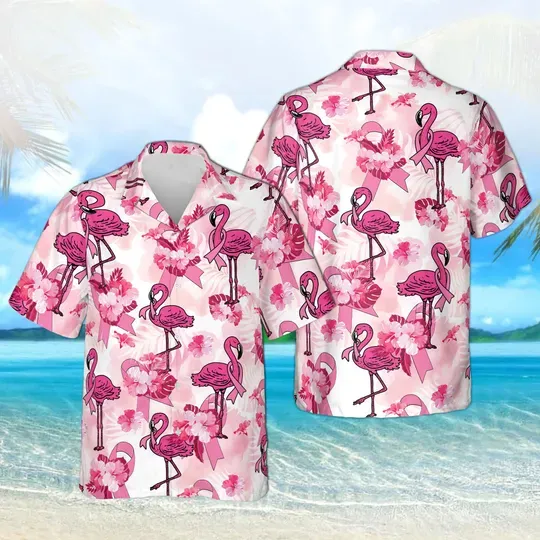 Flamingo Hawaiian Shirt, Breast Cancer Awareness Tropical Aloha Beach Shirt, Ribbon Support Squad, Survivor Fighter Gift