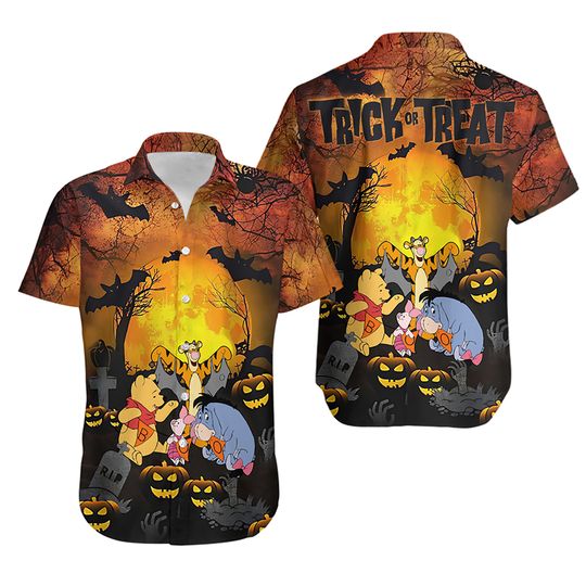 Winnie The Pooh Halloween Button Shirt, Pooh Bear Horror Hawaiian Shirt, Pooh And Friends Spooky Season, Disney Halloween Party Gift