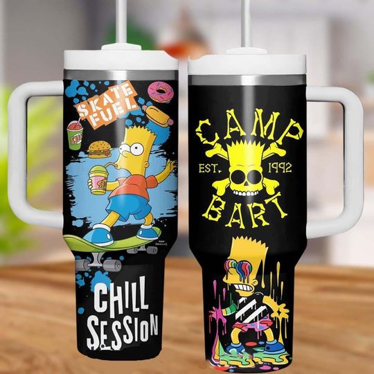 Simpsons 40oz Tumbler, Camp Bart Coffee Cup, Stainless Steel Cartoon Mug with Lid & Straw