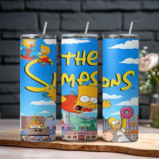 The Simpsons, Bart flying over Springfield stainless steel reusable tumbler with lid and straw