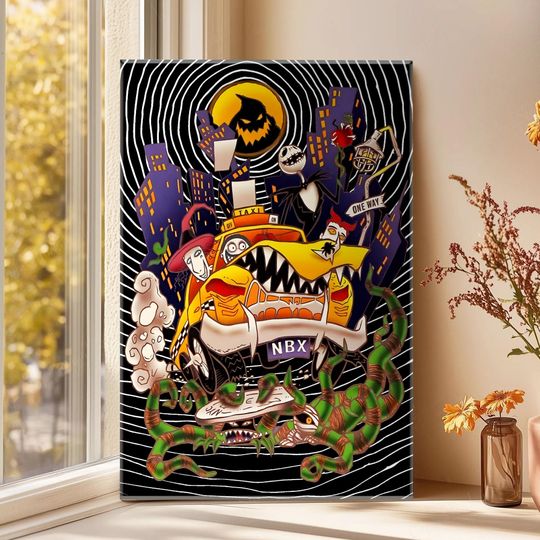 Retro Jack Skellington Taxi Ride Halloween Wall Art, Nightmare Before Christmas Poster, Lock Shock Barrel Decor, Disney Metal Sign Decor