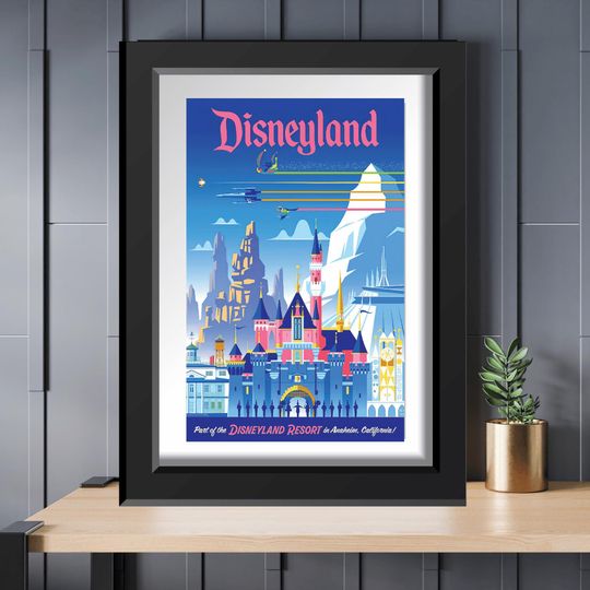 Disney Disneyland Sleeping Beauty Castle Matterhorn Big Thunder Fantasyland Adventureland Retro Poster