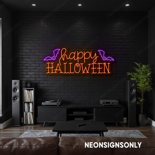 Happy Halloween Neon LED Sign, Custom Happy Halloween Led Line Art With Bat, Spooky Happy Halloween Neon Light Halloween Holiday Decor