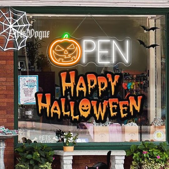Halloween Open Sign Neon,Welcome Pumpkin LED Light,Custom Open LED Sign For Restaurant Shop Store,Happy Halloween Shop Decor,Open Come on in