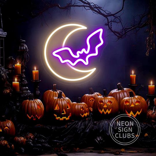 Halloween Bat And Moon Neon Sign| Halloween Lamp For Spooktacular Party| Bat Flying Around The Moon Halloween Neon Decor| Halloween Room Art
