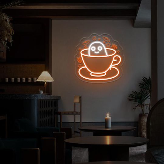 Cute Ghost Coffee Neon Sign,Coffee Lover LED,Halloween Ghost Neon Sign,Bat Neon,Moon Neon,Star Neon,Coffee Shop Signs,Ghost Led Sign