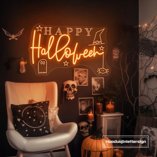 Happy Halloween Ghost Spider Neon Sign, Custom Halloween LED Neon Light Home Shop Wall Decor Bar Halloween Party Spooky Decor,Halloween Gift