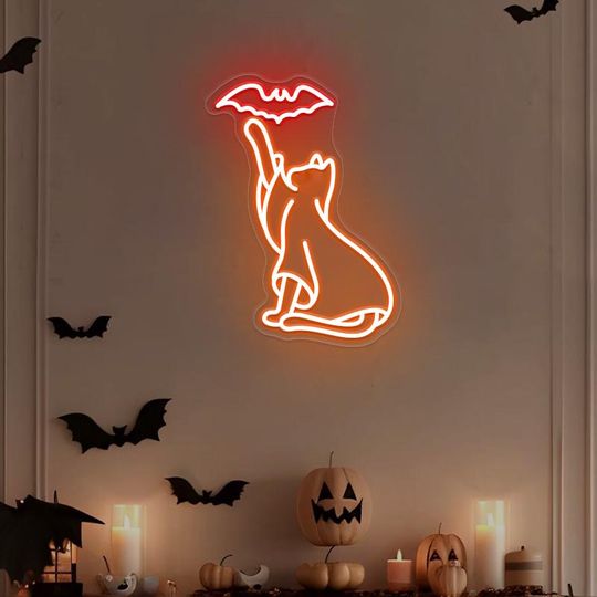 Spooky Cat Bat Neon Sign,Ghost Cat Halloween Decor,Halloween Window Ghost Hanging Sign,Cat Lover Gifts,Gothic Halloween Decor,Goth Wall Art