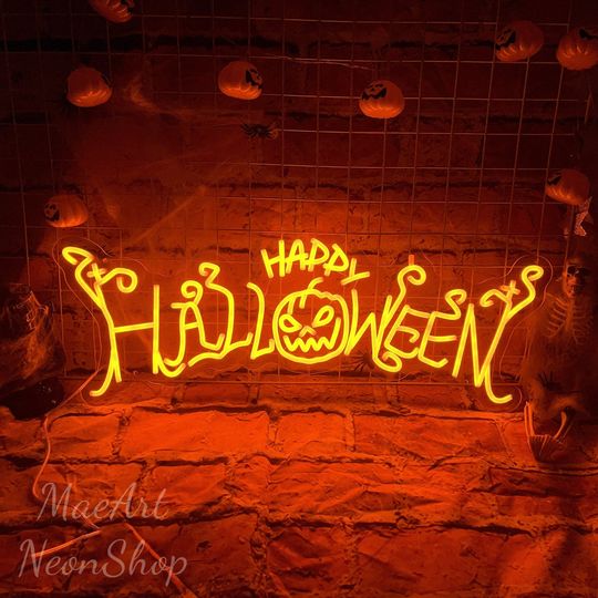 Happy Halloween Neon Sign, Halloween Party Wall Decor, Horror Movie Prop, Halloween LED Light, Personalized Gifts, Bat Pumpkin Neon Sign
