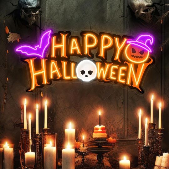 Happy Halloween Neon Sign, Halloween Party Decor, Halloween Wall Art, Haunted House Sign, Spooky Skull Pumpkin Bat Light, Halloween Gifts