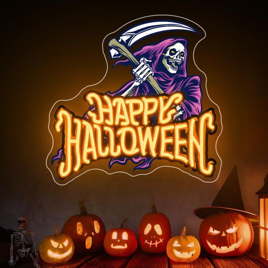 Happy Halloween Neon Sign, Spooky Grim Reaper LED Light for Home Decor, Haunted House, Party Decor, Halloween Wall Art Gift