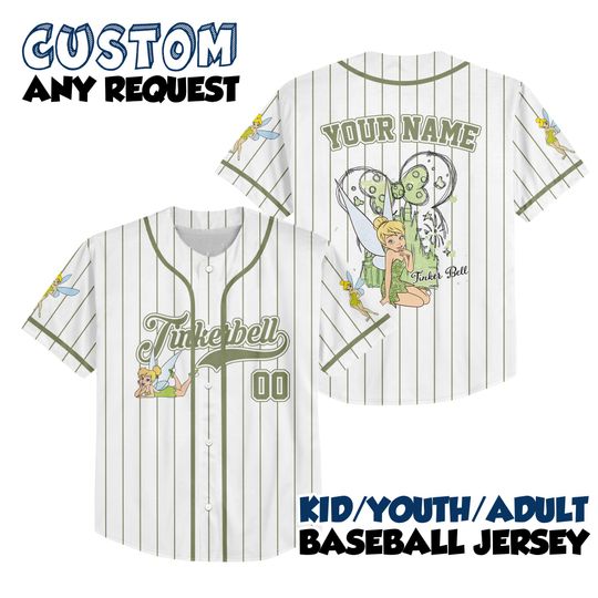 Personalize Disney Tinker Bell Baseball Jersey, Custom Kid Youth Adult Baseball Jersey