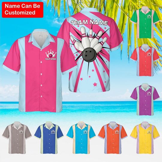 Personalized Colorful Bowling Shirts, Vintage Hawaiian Bowling shirt, Short Sleeve Button Down Casual Shirts for Bowling Team, Bowling lover