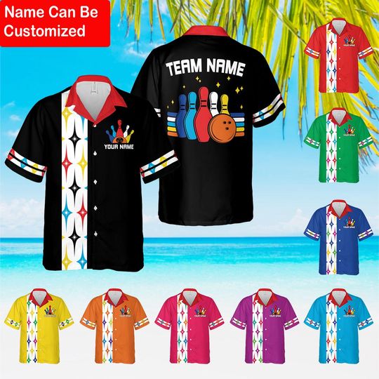 Custom Retro Colorful Bowling Shirts for Men Women, Vintage Hawaiian Bowling shirt, Short Sleeve Button Down Casual Shirts for Bowling Team