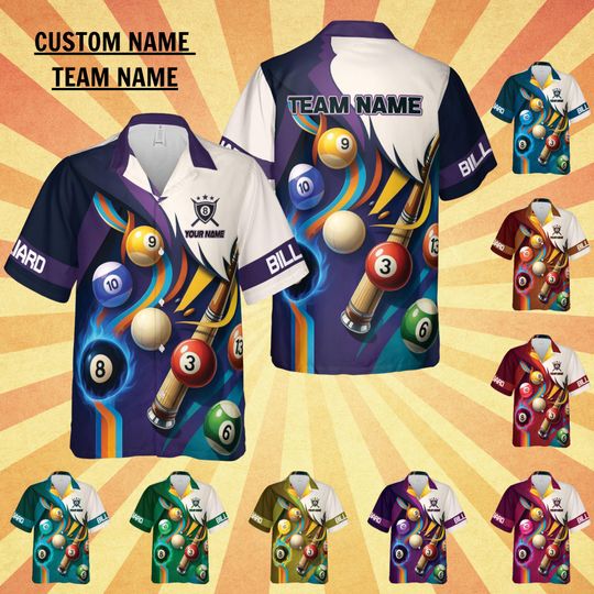 Custom Retro Colorful Billiard Hawaiian Shirt, Custom Name Billiard Button Down Shirt for Men, Billiard Team Shirt