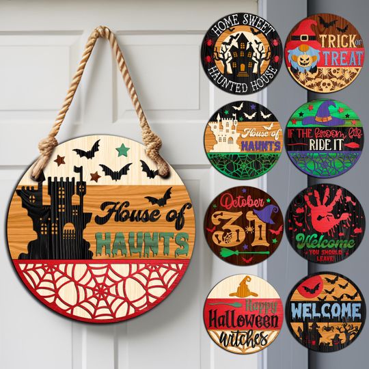 Discover 10 Halloween Door Sign Layered Laser Cut, Cute Ghost Door Hanger, Spooky Round Sign, Halloween Gift, Wooden Door Hanger,Happy Halloween Sign