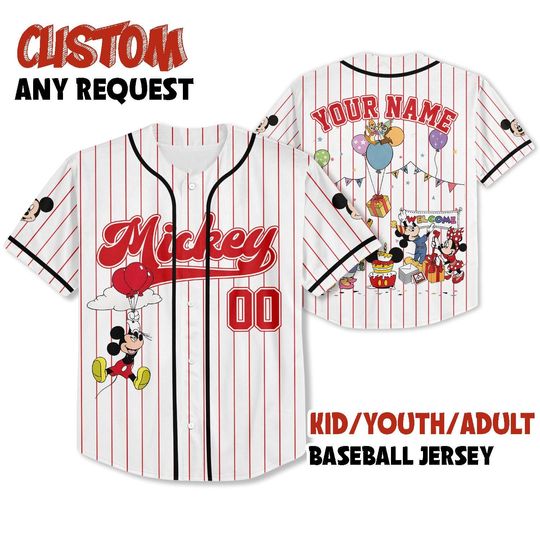 Personalized Name Mickey & Friends With Balloon Birthday Baseball Jersey