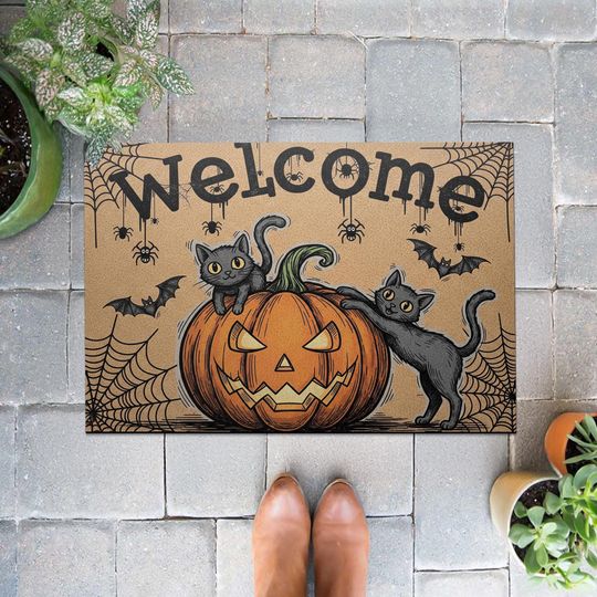 Halloween Welcome Doormat, Black Cat Pumpkin Outdoor Mat, Spooky Cute Fall Decor, Front Porch Rug, Funny Autumn Door Mat