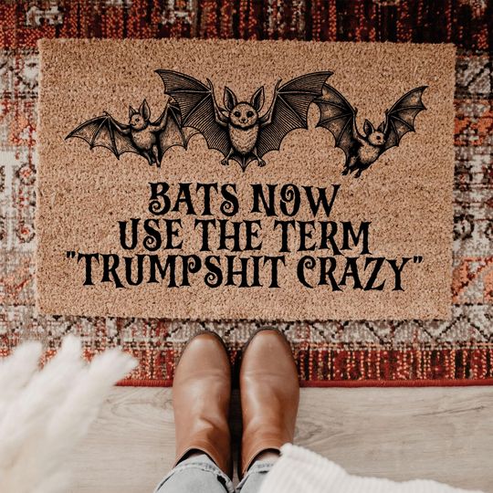 Bats Bow Use The Term Trumpshit Crazy Doormat, Anti Trump Halloween Mat, Spooky Black Bat Rug for Porch or Entryway, Housekeeping Decor