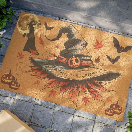 Doormat, Halloween Witch Hat, Bats pumpkins and a full moon, Halloween Decor, Indoor Outdoor Rug, Front Door Welcome Mat, Fall Entryway