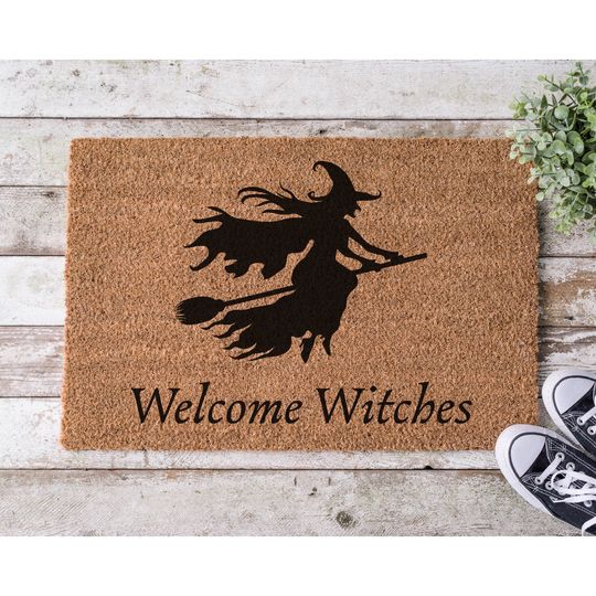 Welcome Witches Halloween Doormat | Spooky Doormat | Witch on Broom Door Mat | Flying Witch Doormat