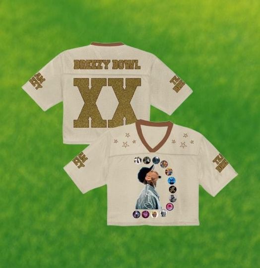 Chris Brown Breezy Bowl XX Crop Top Football Jersey, Full Mesh Gold Glitter Text Shirt Custom Name Number Concert Outfit Fan Gift