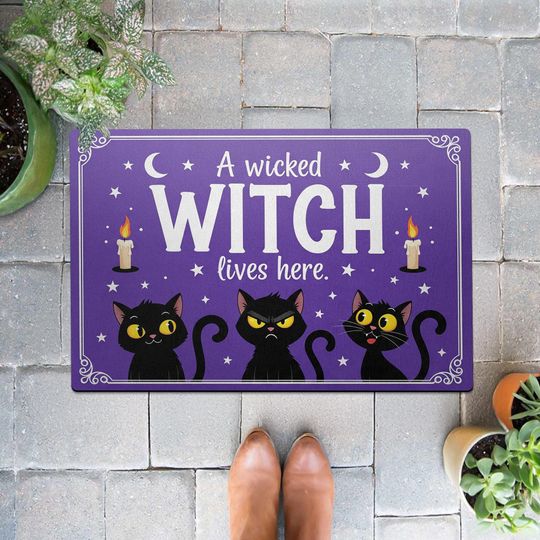 A Wicked Witch Lives Here Doormat, Black Cat Welcome Mat, Witchy Halloween Decor, Funny Cat Lover Gift, Spooky Fall Doormat, Purple Decor