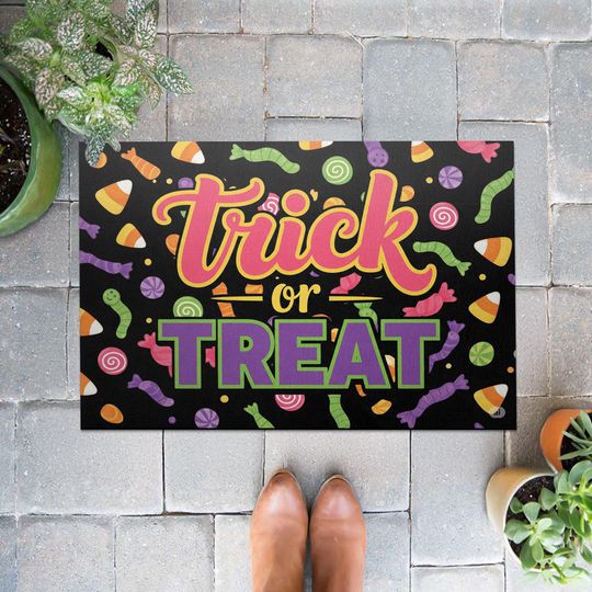 Trick or Treat Doormat, Halloween Candy Welcome Mat, Colorful Spooky Decor, Halloween Home Decor, Funny Fall Mat, Kids Halloween Doormat