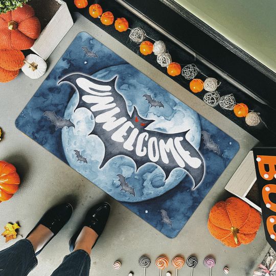 Unwelcome Bat Halloween Doormat - Custom Haunted House Welcome Mat  Halloween Front Porch Decor