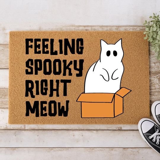 Feeling Spooky Right Meow Doormat, Black Cat doormat, Skeleton cat halloween doormat, Halloween doormat, cat lover halloween doormat