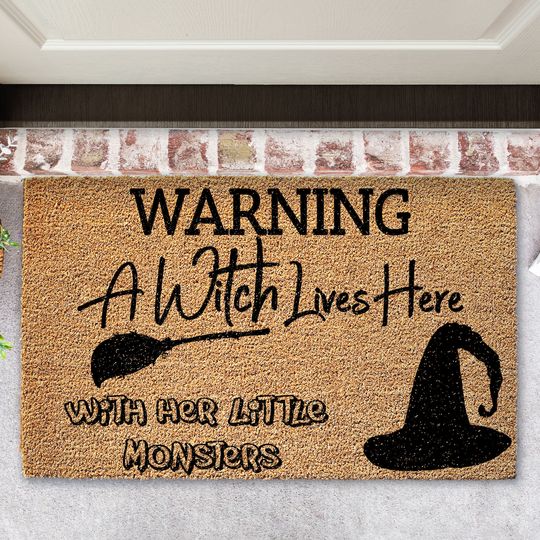 A Witch lives here Coir Doormat with Welcome | Door mat | Welcome Rug | Front door Pumpkins, Halloween