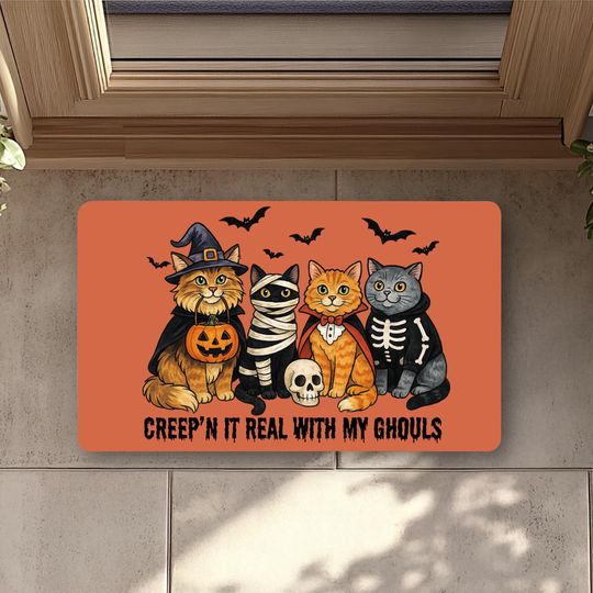 Halloween Cat Doormat Cat Costumes Entryway Mat for Spooky Season Housewarming Gift Pet Lover Gift, Fall Decor, Spooky Home Entrance