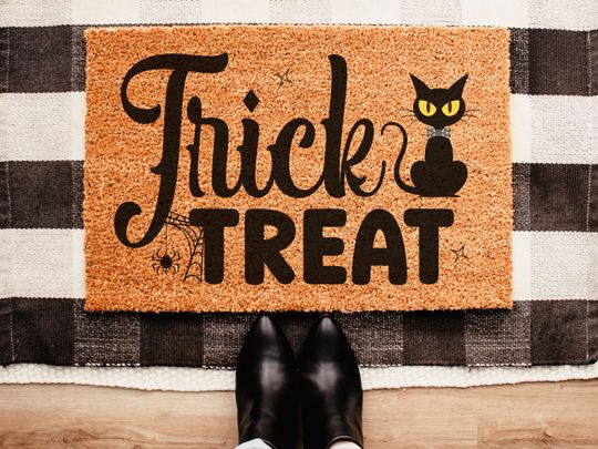 Trick or Treat Halloween Doormat, Halloween Cat Doormat, Halloween Spooky Home Decor, Halloween Gift Door Mat, Housewarming Halloween Gift