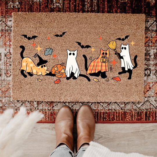 Cat Sheet Halloween Doormat, Funny Ghost Cat Welcome Mat, Spooky Black Cat Door Rug, Cute Fall Decor, Halloween Gift For Cat Lovers