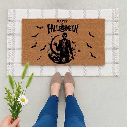 Spooky Halloween Doormat  Skeleton Pumpkin Fall Decor  Funny Scary Welcome Mat  Outdoor Coir Rug for Porch or Entryway