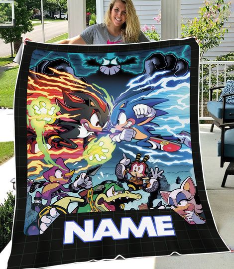 Custom Sonic The Hedgehog Blanket, Personalized Cartoon Hedgehog Minky Sherpa Blanket, Custom Name Blanket, Sonic Blanket