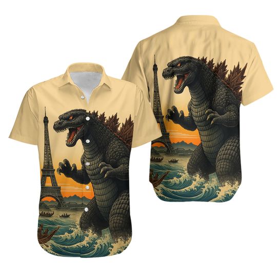 Classic Japanese Monster Movie god zilla Cool Print Buttoned Hawaiian Lapel Shirt